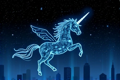 Glowing unicorn of circuits flying over futuristic NYC skyline