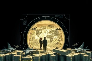 Symbolic image of US defense spending, financial power, and military might.