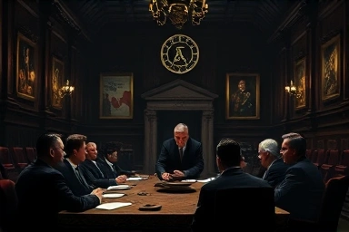 Secretive meeting of financiers discussing Federal Reserve establishment.