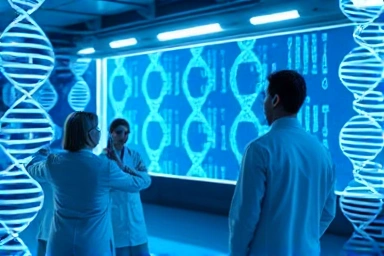 Futuristic gene editing lab with DNA helixes and holographic displays.