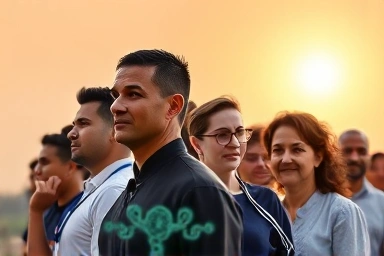 Diverse people looking towards a hopeful future with medical advancements.