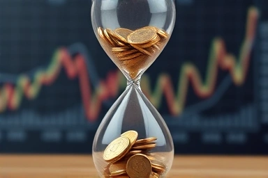 Inverted interest rates metaphor with coins and economic charts.