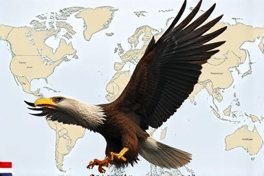 Eagle withdrawing, representing US isolationism, tangled by war, oil, technology.