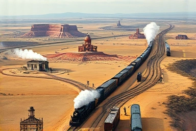 19th-century American landscape with symbolic steam trains