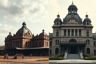 Symbolic contrast of wealth: railroad empire vs. fading opulence