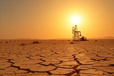 Barren desert with a single oil derrick, symbolizing economic ruin.