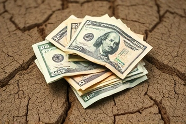 Worthless currency notes scattered on dry, cracked earth.