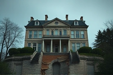 Symbolic mansion with crumbling foundation representing wealth legacy challenges.