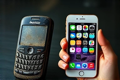 Contrast between old Blackberry and modern iPhone, symbolizing technological shift
