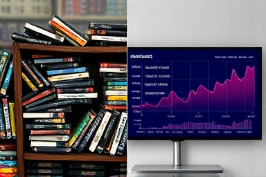 Old media clutter versus modern data visualization of streaming success.