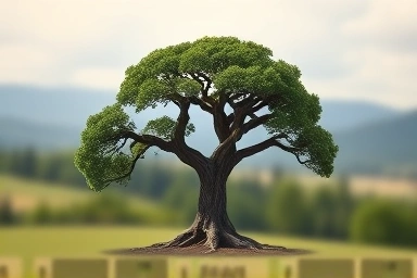 Symbolic oak tree, intertwined branches, partnership, growth, business