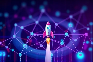 Digital ecosystem and rapid growth symbolized by a rocket.