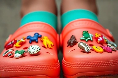 Colorful Crocs shoes decorated with unique Jibbitz charms.