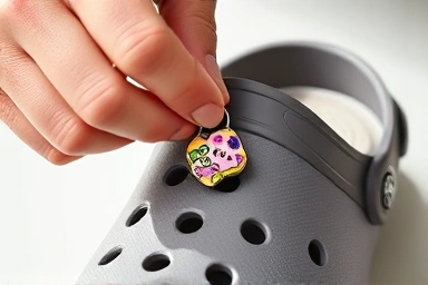 Hand attaching a Jibbitz charm to a Crocs shoe hole.