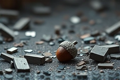 Ruined social media platform, fading digital remnants, lost memories, acorn icon.