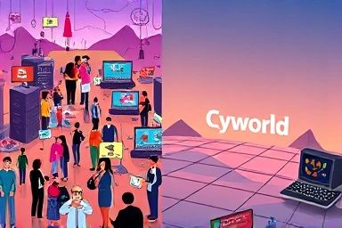 Nostalgic internet era vs. desolate digital future, Cyworld's decline.