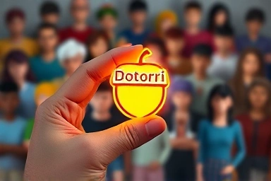 Glowing NFT Dotorri token in hand, metaverse background