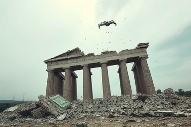 Symbolic representation of economic collapse and falling giant corporation.