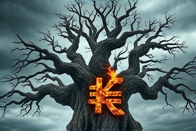 Metaphor for 'too big to fail' myth shattering due to internal weakness.