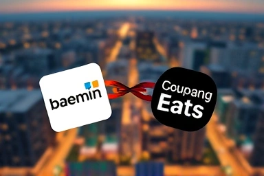 Delivery app logos in a competition over a city.