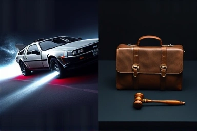 DeLorean time travel contrasted with legal symbols of downfall.