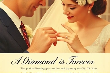 Vintage diamond ad, couple exchanging rings, 'A Diamond is Forever'.