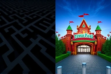 Symbolic maze to success, overcoming business challenges.