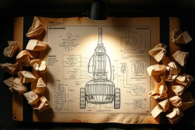 Dyson blueprint with failed prototype papers, symbolizing innovation breakthrough.