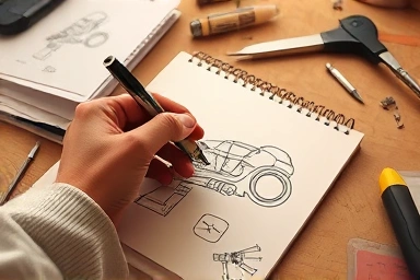 Hand sketching Dyson vacuum cleaner design amidst discarded attempts.