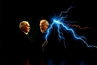 Symbolic clash of Edison's DC and Tesla's AC currents in historical war.