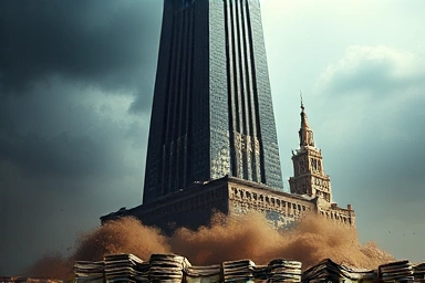 Symbolic skyscraper crumbling, representing corporate downfall and loss of integrity.