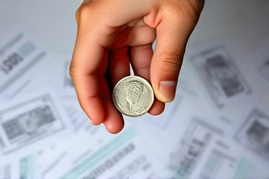 Tarnished coin amidst scattered financial documents.