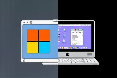 Evolution of Windows and Macintosh interfaces, symbolizing tech rivalry