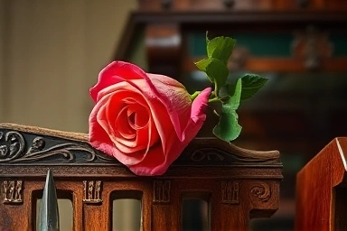 A wilting rose and hidden danger symbolizing betrayal and wealth.