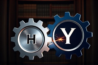 Symbolic gears representing Harvard and Yale's competitive drive for innovation.