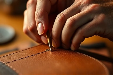 Artisan hand stitching luxury leather with focus on detail.