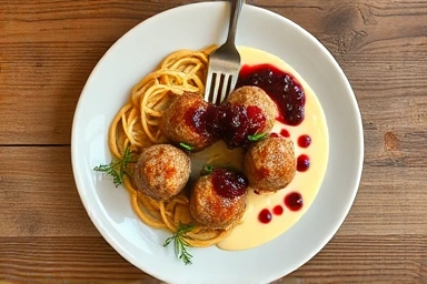 Appetizing IKEA meatballs with lingonberry jam and sauce.