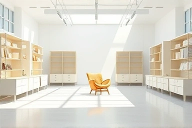 Minimalist IKEA showroom with iconic chair, symbolizing democratic design.