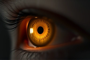 Human eye reflecting warm yellow light, symbolizing focus.