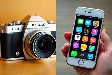 Vintage Kodak camera versus modern smartphone with social media