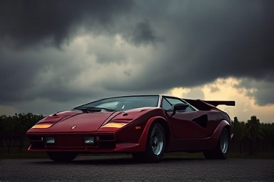 Lamborghini Countach roaring in a stormy sky, symbolizing defiance.