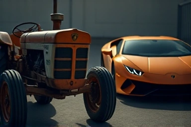 Vintage Lamborghini tractor contrasted with a modern Huracan, showing innovation.