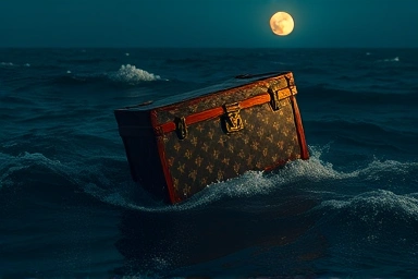 Louis Vuitton trunk floating on stormy ocean waters, symbolizing survival.