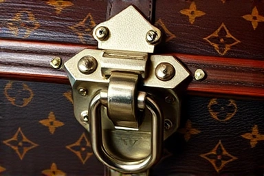 Exquisite Louis Vuitton trunk lock and hardware detail.