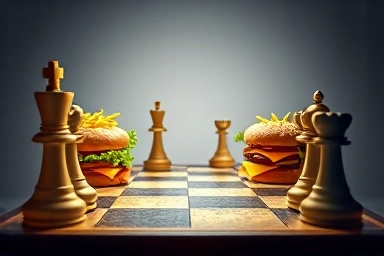 Burger and fries chess pieces symbolizing marketing strategy