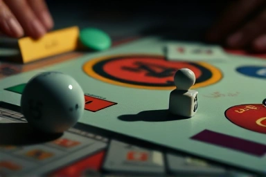 Close-up of Monopoly game pieces with dramatic lighting