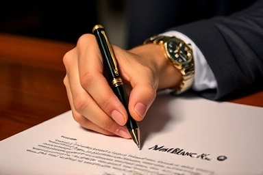 Hand signing document with Montblanc pen, success symbol