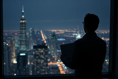 Person looking at city, DVD case, innovation, growth