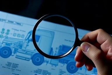 Magnifying glass over Nikola truck blueprint, revealing deception.