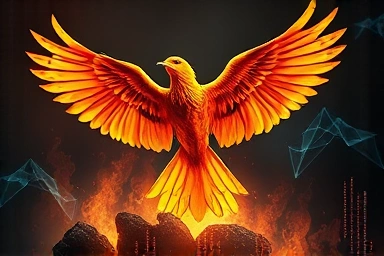 Phoenix rising from ashes, symbolizing Nokia's rebirth and transformation.